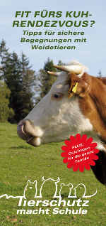 Die neue Broschüre "Fit für's Kuh-Rendezvous?" bietet wertvolle Tipps für Wanderer. © Foto: Tierschutz macht Schule; bei Quellenangabe honorarfrei